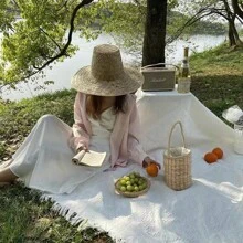 1 pieza Estera elegante blanca para acampar al aire libre, manta de picnic, alfombra de campamento bohemia, toalla de playa, cubierta de muebles, estera de tela reversible de múltiples usos