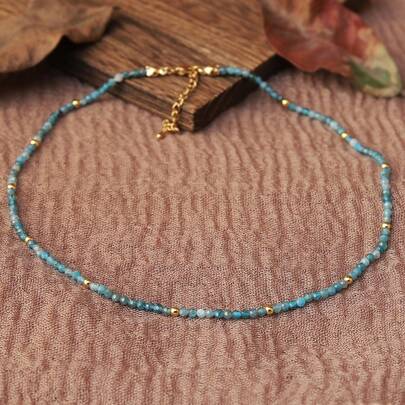 Bohemian French Style Blue Necklace With Natural Stone Natural Blue Apatite Beads