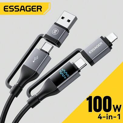 ESSAGER 四合一快速充电线 USB Type C 转 Type C 480Mbps 适用于手机数字显示铝合金编织线兼容 、Android、相机、MP3 通用适配器充电器 Nan