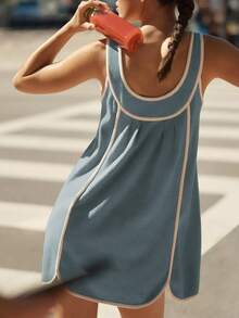 Women's Summer Tennis Dress Sleeveless Casual Round Neck Pleated Sports Pullover Mini Dresses - 霧霾藍 - 查看 2