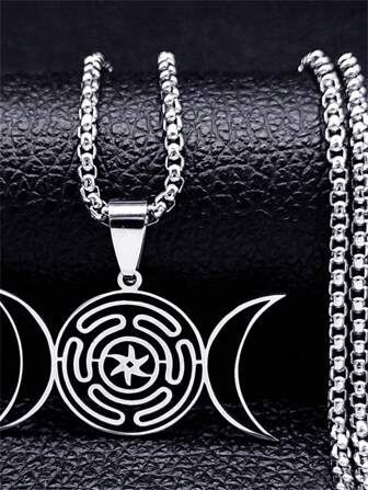 1pc Fashionable Creative Double Crescent Maze Flower Stainless Steel Pendant Necklace, Personalized Gift