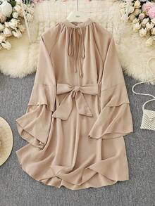 时尚纯色V领不对称系带长袖宽松迷你连衣裙