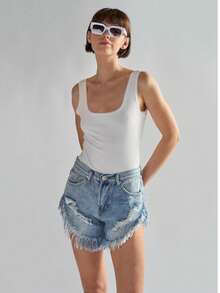 Antique-Wash High-Waisted Distressed Denim-Shorts - Light Wash - View 1