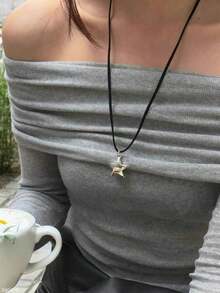 时尚韩版绒面星星吊坠项链，可调节长链毛衣项链，女士适用 - 銀色 - 查看 2