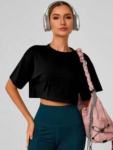 Damen Lässig Kurzarm Crop Top, einfarbiges Basic Trainings T-Shirt für den Sommer