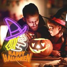 万圣节女巫霓虹灯，USB 供电可调光 LED 艺术墙饰，塑料按钮霓虹灯，壁挂式多功能装饰，适用于卧室、酒吧/派对装饰/圣诞灯万圣节装饰灯家居装饰派对装饰万圣节装饰房间装饰万圣节花园装饰礼物仙女