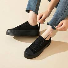White Platform Sneakers For Women, Low Top Canvas Shoes - Full Black - View 11