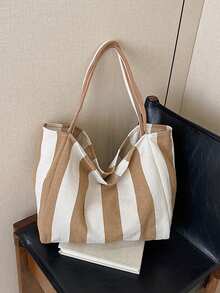 Women Striped Shoulder Bag Simple Carrying Bag Large Capacity Stylish Shoulder Purse Casual Shopping Bag Canvas Commuting Bag Summer Stripe Canvas Tote Bag Female Casual Large Capcity Handle Bag Simple Shoulder Bags Shopping Handbag Daily Totes Bag - Khaki - View 3
