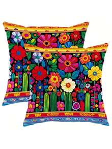 1/2/4件装 充满活力的墨西哥波西米亚风抱枕套 - 花卉仙人掌图案，柔软天鹅绒装饰靠垫套，适用于客厅、卧室、沙发，拉链封口，可机洗，不含枕芯，墨西哥家居装饰，秋季装饰，房间装饰 - 彩色 - 查看 1