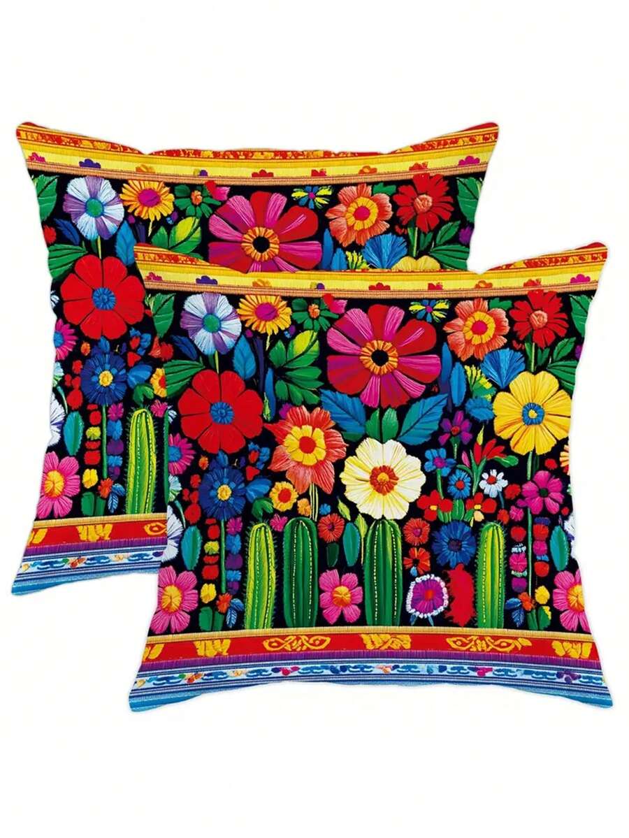 1/2/4件装 充满活力的墨西哥波西米亚风抱枕套 - 花卉仙人掌图案，柔软天鹅绒装饰靠垫套，适用于客厅、卧室、沙发，拉链封口，可机洗，不含枕芯，墨西哥家居装饰，秋季装饰，房间装饰 - 彩色 - 查看 1