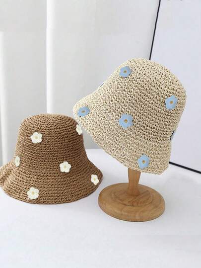 1pc Handmade Crochet Straw Hat, Floral Design, Spring/Summer Beach Sun Hat, Foldable UV Protection