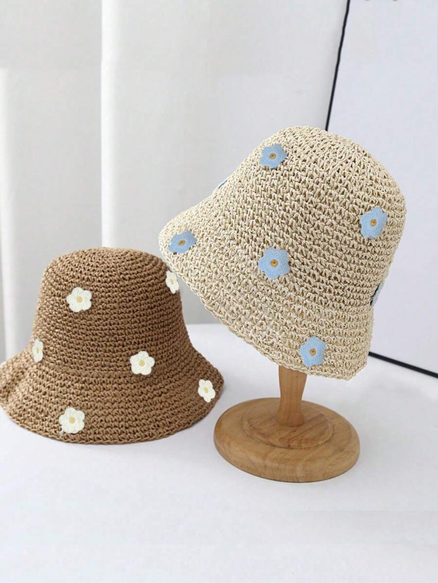 1pc Handmade Crochet Straw Hat, Floral Design, Spring/Summer Beach Sun Hat, Foldable UV Protection,Vacation,Holiday,Travel