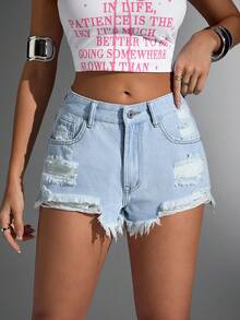 Jeanoix Pantaloni scurți din denim cu talie înaltă și rupturi și tiv brut