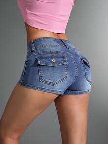 Jeanoix Quần short denim co giãn thời trang nữ có túi - Rửa trung bình - Xem 2