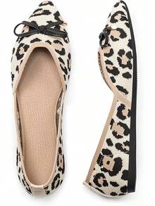 Womens Flat Shoes Classic Pointed Toe Flats Knitted Dress Shoes Soft Comfortable Dressy Flats Women - 豹紋和蝴蝶結 - 查看 2