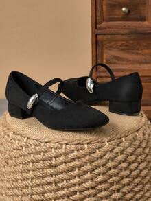 Women's 3cm Cloth Wrapped Heel Fashion Versatile Mary Jane Flat Shoes, Navy Blue, All Season - Black - View 3