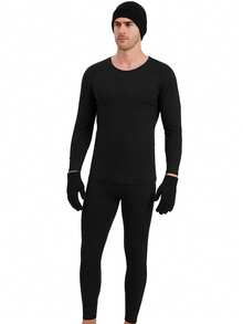 Complete Unisex Winter Thermal Kit – Top + Pants + Hat + Touch Gloves | Slim And Plus Size Flannel Second Skin - 黑色 - 查看 4