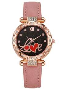Rosa Armband Diamant Herz Zifferblatt Uhr & Rosa Schmuckset (5 Teile) - Liebesversprechen Geschenk, beinhaltet rosa Armband Diamant Herz Zifferblatt Uhr und rosa Ohrringe, Halskette, Ring (ohne Verpackung)