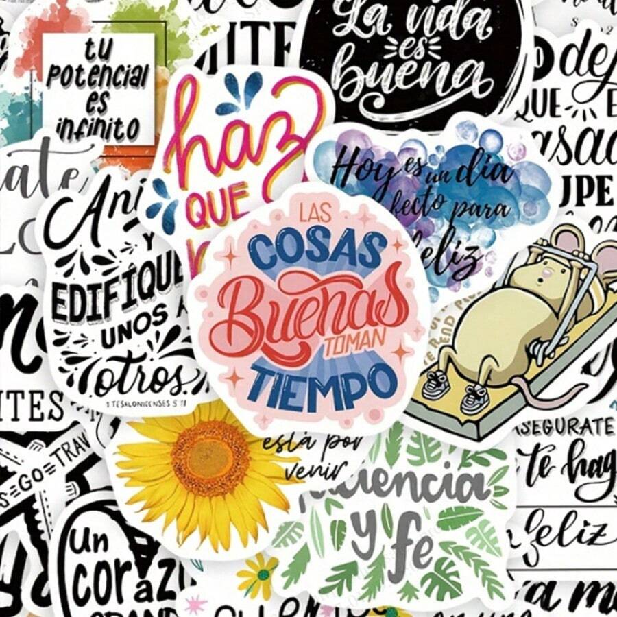 50pcs Spanish Inspirational Creative Stickers, Cute Stickers For Phone, Skateboard, Luggage, Computer Graffiti, Wholesale,School Supplies,Back To School - Multicolor - View 1