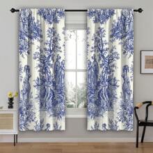 2pcs Blue Toile De Jouy Style Blackout Curtains - Elegant Floral Design, Grommet Top, Thermal Insulating & Light Blocking For Living Room And Bedroom Decor, Polyester Material, Wrinkle-Resistant, Curtains For Living Room