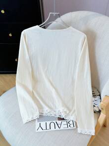 蝴蝶结双面不对称肩部薄款蕾丝拼布长袖宽松罩衫 - 杏色 - 查看 8