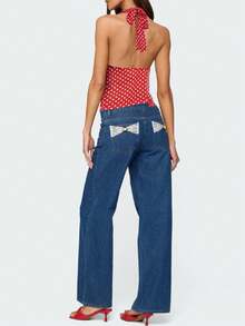 Women Halter Neck Polka Dot Top V Neck Backless Mesh Tank Tops Summer Sleeveless Going Out Cropped Shirt