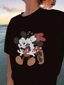 Women's Summer Tops, Cartoon Print Women's Clothes, Short Sleeve Women's Casual T-Shirts, Summer Tops, Shirts, Women's Summer Clothes, Summer Clothes, Graphic T-Shirts For Women, Tops For Women - 黑色 - 查看 7