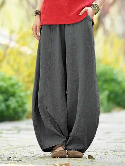 Solid Color Pocket Casual Pants, All Season