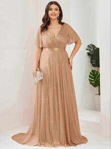 Vestido de verano elegante de manga corta con cuello en V y cola larga para talla grande, vestido de dama de honor, vestido de madre de la novia para fiesta de boda primaveral - Oro rosa - Ver 7