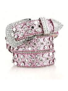 A Men's Solid Color Punk Style Hip-Hop Street Rhinestone Inlaid Belt Men's Jeans Belt High-End Leather Belt - Multicolor - View 4