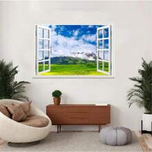 Window Wall Mural Sticker -Grassland, Snowy Mountains, Blue And White CloudsFaux Window Wall Mural Wall Decal, Stick And Peel Wall Decor,50x35