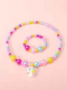 Set de 2 piezas de pulsera y collar con cuentas con diseño de unicornio lindo para niñas, accesorios de joyería de princesa, adecuado para fiestas de niñas y regalos de cumpleaños