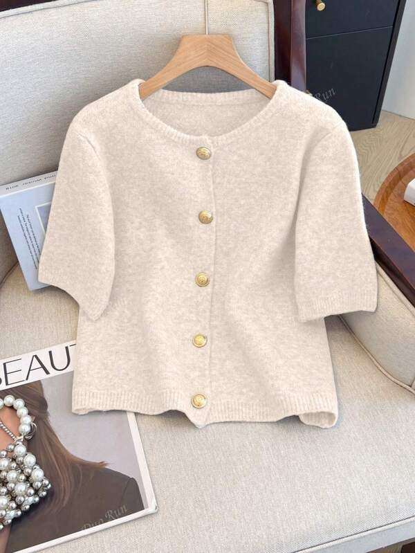 1pc Women's Solid Color Metallic Button Round Neck Casual Short Sleeve Cardigan, Versatile Knit Sweater