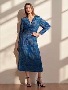 Floral Print V Neck Midi Dress For Women - Lightweight Chiffon With A-Line Silhouette  Elastic Waist - Elegant Summer Dress For Party, Date  Daily Wear - 藍色 - 查看 5