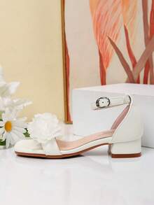Summer Square Toe Square Heel Floral Decor Sandals, Girls High Heel Dance Shoes, Student Performance & Daily Activity Sandals - White - View 2