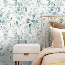 1 卷现代波西米亚风格绿/白桉树叶花朵图案自粘防水壁纸,易撕易贴,可移除壁纸,乙烯基接触纸,适用于住宅墙板墙面家居装饰、卧室客厅装饰、家具更新、浴室厨房楼梯桌面装饰,可租赁壁纸 - 彩色 - 查看 10
