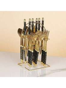 Christmas 24 Piece Set Of Double Bead Marble Patterned Tableware With Storage Rack, 410 Stainless Steel Tableware Knife, Fork, Spoon Set, Light Luxury Nordic Style Tableware, Suitable For Home Kitchens, Restaurants, Hotels, Holiday Gifts Home Decor New Year Gift - Multicolor - View 12