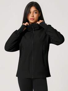 NcmRyu 1pc Women's Solid Color Hidden Pocket Windbreaker Long Sleeve Ski Jacket With Hood - Black - View 10