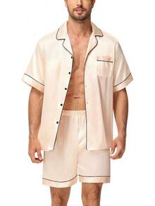 Matching Silk Satin Pajamas Set For Couple Short Sleeve Sleepwear For Women&Men 2pcs Pjs Set Button-Down Nightwear Sethalloween - 香檳色 - 查看 7