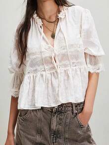 Women 2 Piece Boho Pants Set Short Sleeve Lace Patchwork Ruffle Hem Tops Shirts Drawstring Elastic Waist Long Pants Casual Outfits Beach Vacation Clothes - 白色 - 查看 3