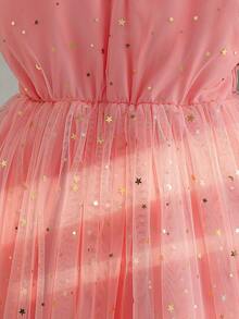 年轻女孩夏季轻盈网眼 V 领松紧腰公主裙，带星星贴花，优雅适合生日海滩派对 - 西瓜粉 - 查看 7