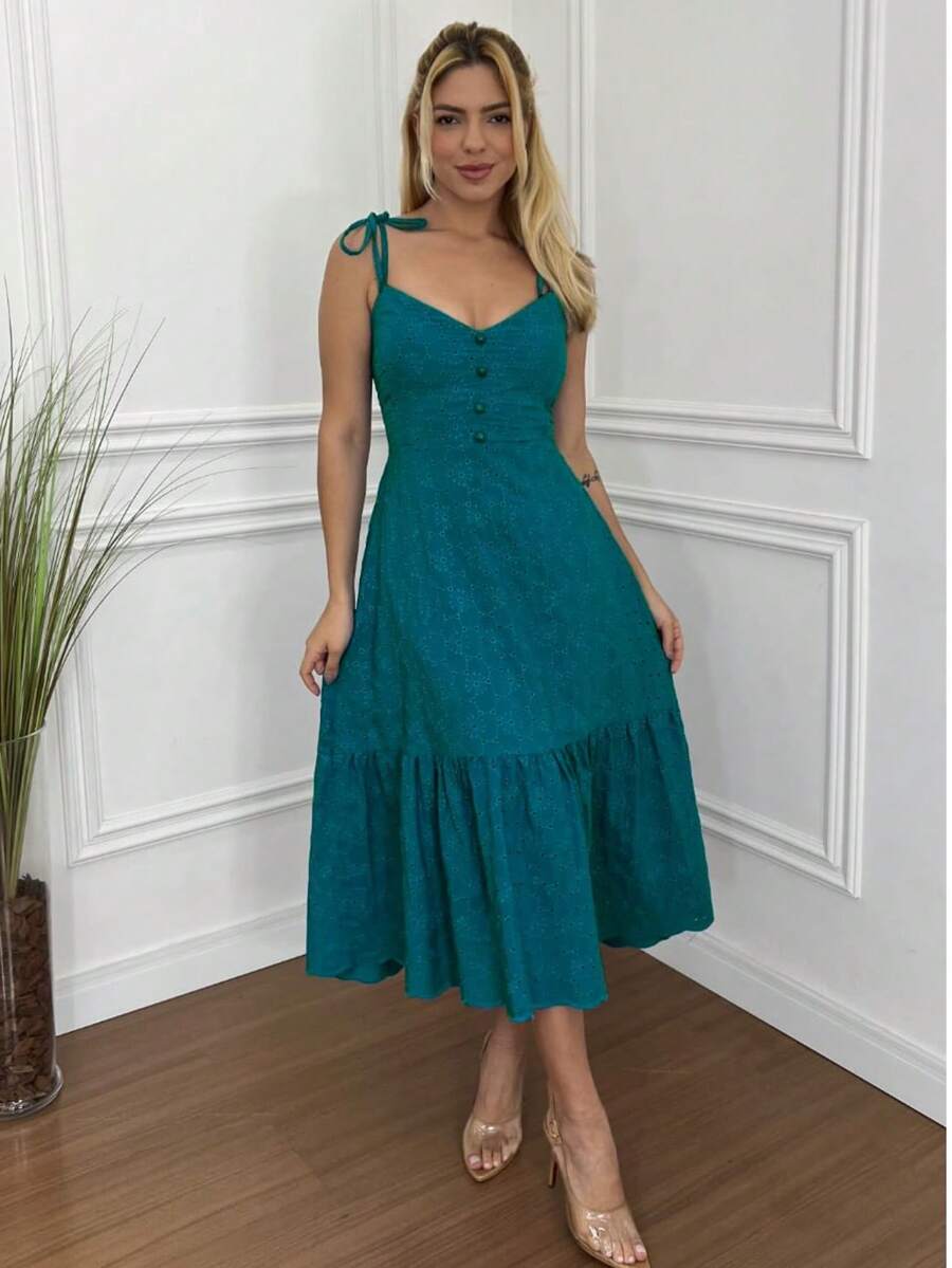 MIDI DRESS WITH TIES ON THE STRAPS IN LAISE - Teal Blue - View 1