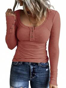 Women's Long Sleeve Henley Shirts Button Down Tops Scoop Neck Ribbed Knit Shirts - 紫紅色 - 查看 1