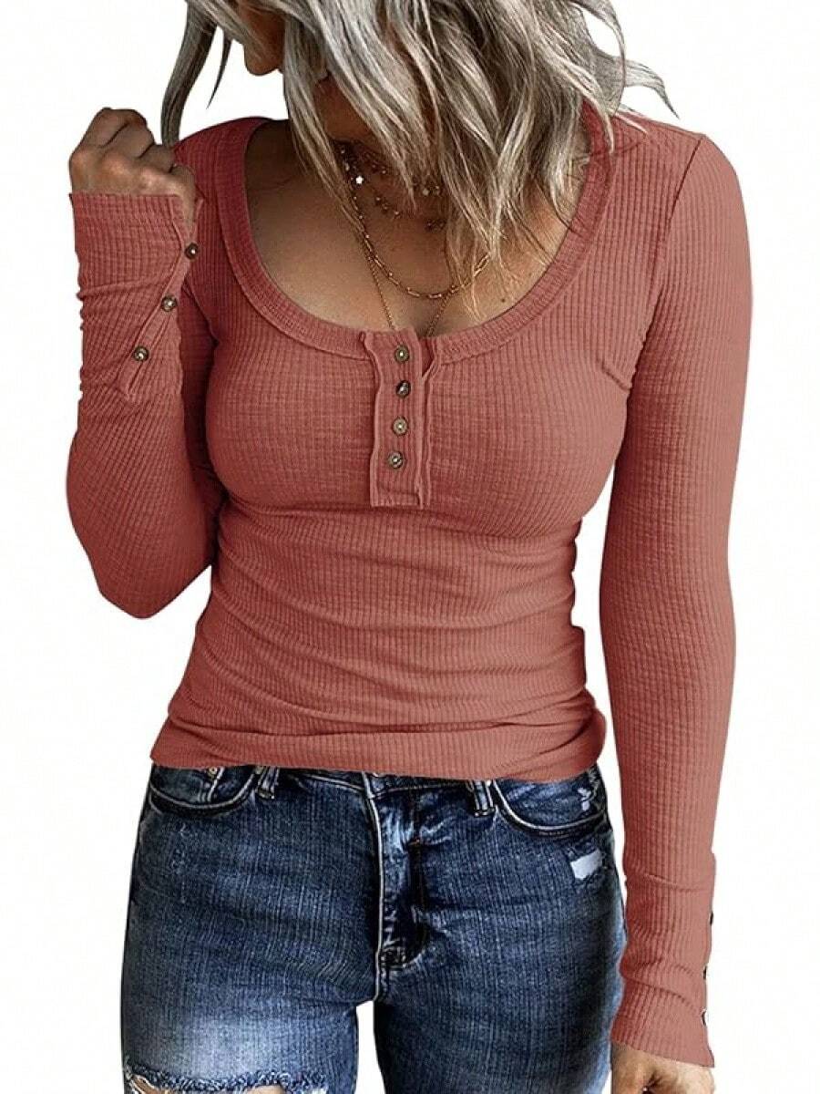 Women's Long Sleeve Henley Shirts Button Down Tops Scoop Neck Ribbed Knit Shirts - 紫紅色 - 查看 1