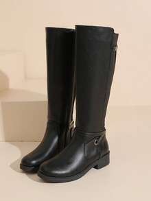 PU Leather Strap Buckle Patchwork Side Zipper Thick Heel Round Toe Casual Comfortable Versatile Autumn/Winter Fashion Boots, Non-Elastic Boot Shaft - Black - View 8