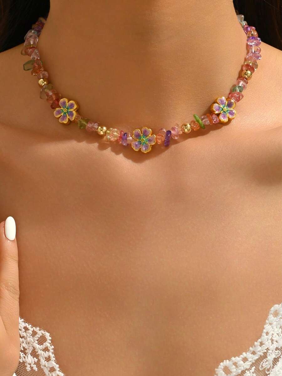 1 件节日海洋风彩色宝石串珠手工项链，配金属合金花卉吊坠，时尚珠宝，适合女性日常佩戴、海滩派对和旅行 - 彩色 - 查看 1