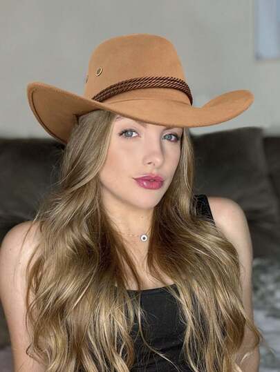 1pc Western Cowboy Hat, Suitable For Christmas, Christmas Party, Halloween, Valentine's Day, Carnival, Couple Outings, Hiking, Unique Braided Rope, Wide Curved Brim, Horseback Riding, Vacation