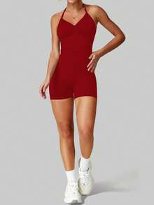 女士瑜伽上衣，健身瑜伽衫，运动服，露背褶皱内置胸罩罩杯夏季款 - 紅色 - 查看 5