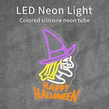 万圣节女巫霓虹灯，USB 供电可调光 LED 艺术墙饰，塑料按钮霓虹灯，壁挂式多功能装饰，适用于卧室、酒吧/派对装饰/圣诞灯万圣节装饰灯家居装饰派对装饰万圣节装饰房间装饰万圣节花园装饰礼物仙女