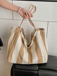 Women Striped Shoulder Bag Simple Carrying Bag Large Capacity Stylish Shoulder Purse Casual Shopping Bag Canvas Commuting Bag Summer Stripe Canvas Tote Bag Female Casual Large Capcity Handle Bag Simple Shoulder Bags Shopping Handbag Daily Totes Bag - Khaki - View 4